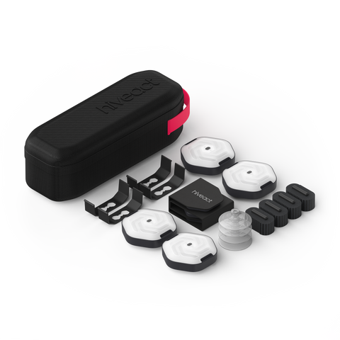 A collection of fitness training equipment including reaction lights, a black carrying case, and other accessories.