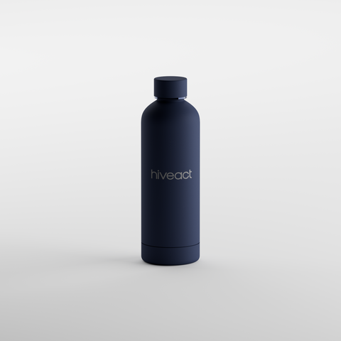 Navy blue water bottle with 'hiveact' branding on a light gray background