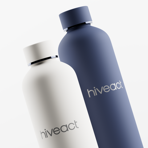 Two water bottles, one white and one blue, with 'hiveact' branding on a light gray background.