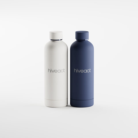 Two water bottles, one white and one blue, with 'hiveact' branding on a light gray background.